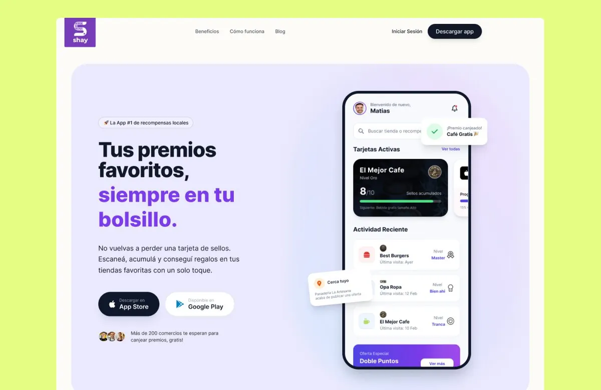Shay loyalty app landing page with the headline Tus premios favoritos, siempre en tu bolsillo and a phone showing active loyalty cards